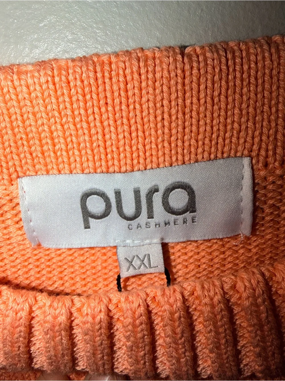 Pura Cashmere bright coral orange shaker knit crewneck sweater quiet luxury